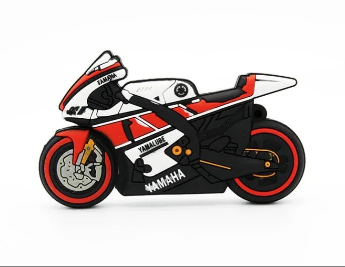 Cartoon motorcycle USB drive with wrist strap in red and white, 4GB to 64GB capacity options