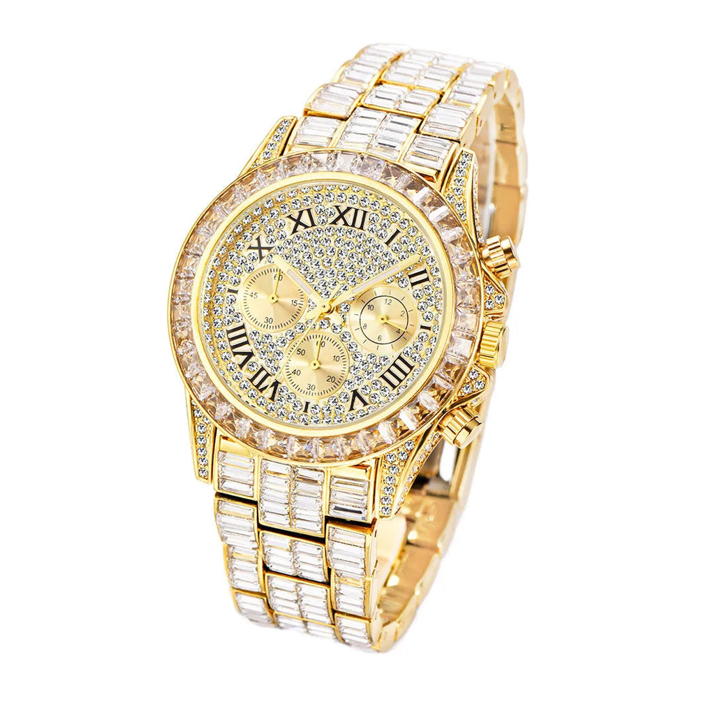 Three eyes rainbow diamond quartz watch for men with 33mm circular dial and 30M waterproof rating