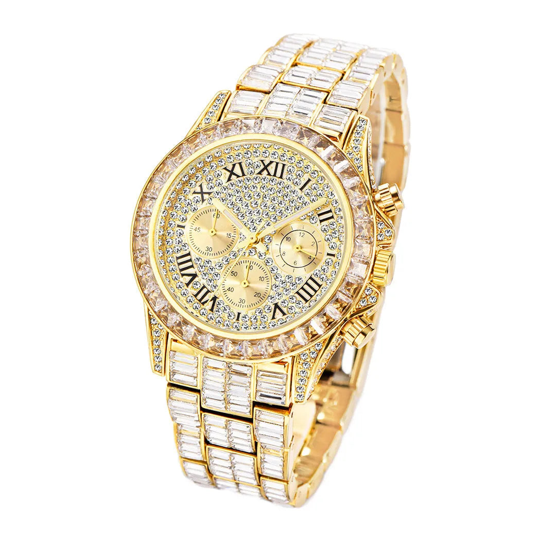 Three eyes rainbow diamond quartz watch for men with 33mm circular dial and 30M waterproof rating