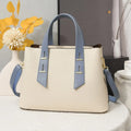 Simple shoulder messenger handbag for women in PU, medium-soft, retro style, available in eight colours including black and beige with blue.