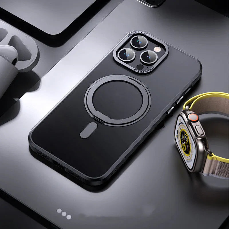 Transparent fulcrum iPhone case with magnetic bracket on grey background.