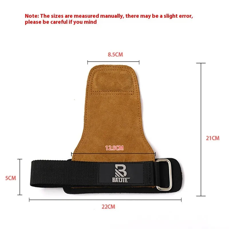 A pair of brown fitness wrist protector bands for grip strength and pull-up support.
