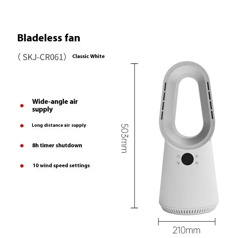 White SK bladeless tower fan with remote control on desktop