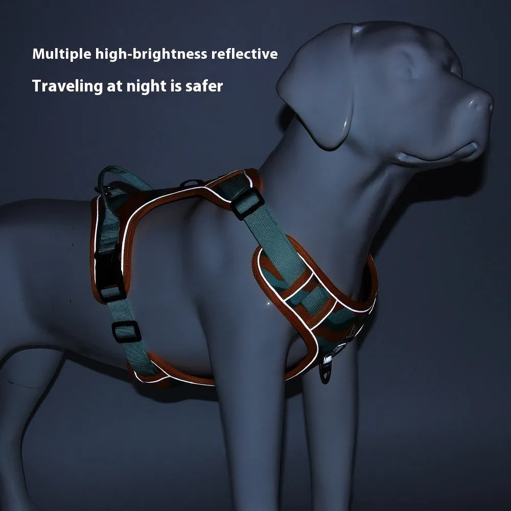 Reflective orange dog harness lead with integrated hand-holding rope on a dog's chest and back.