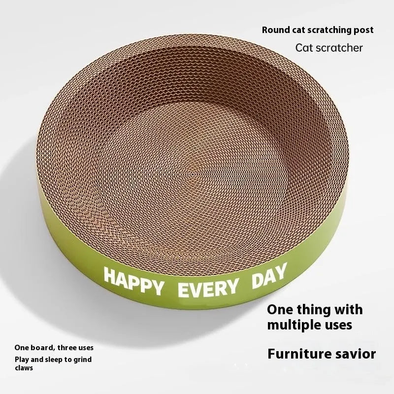 Green round cat scratching board nest, a combined scratching pad and bed measuring 50cm in diameter.