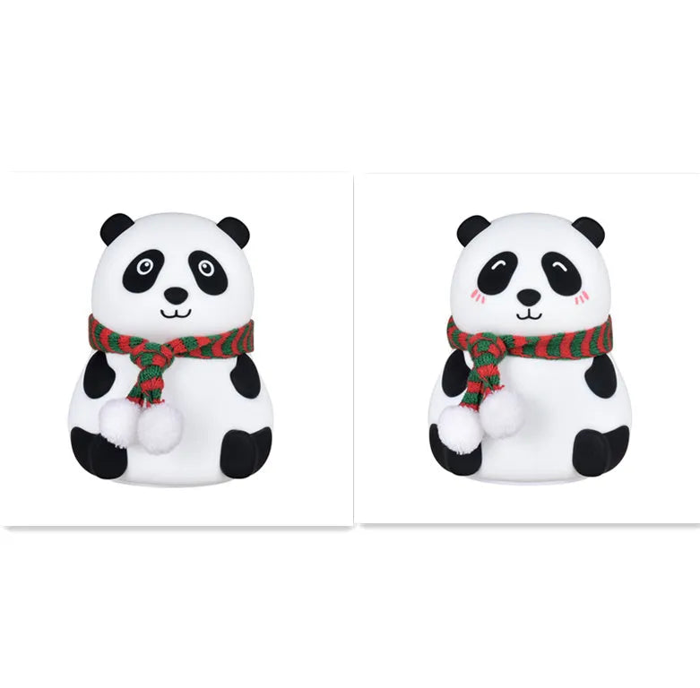 Panda-shaped silicone and ABS night light with soft glow, shown with USB charging cable.