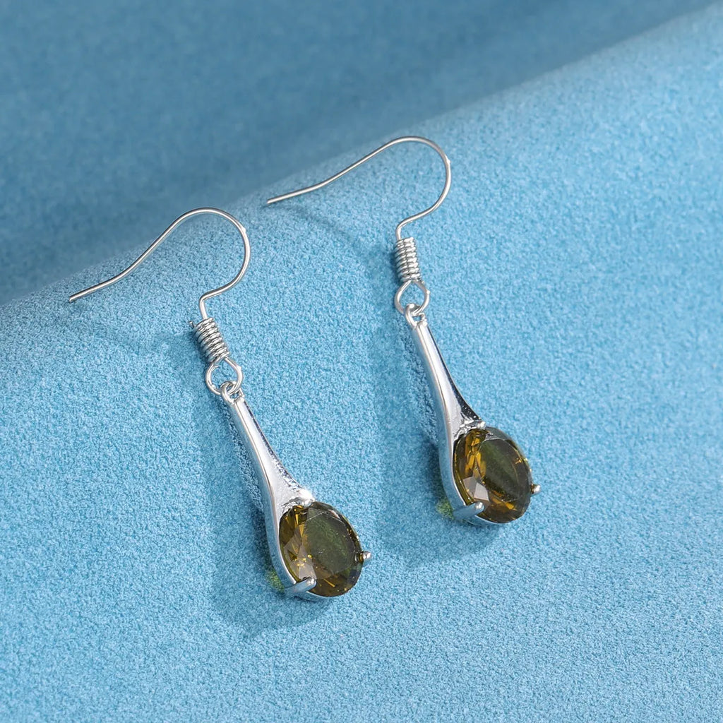 Women's olive green topaz earrings with water drop shape and retro minimalist design