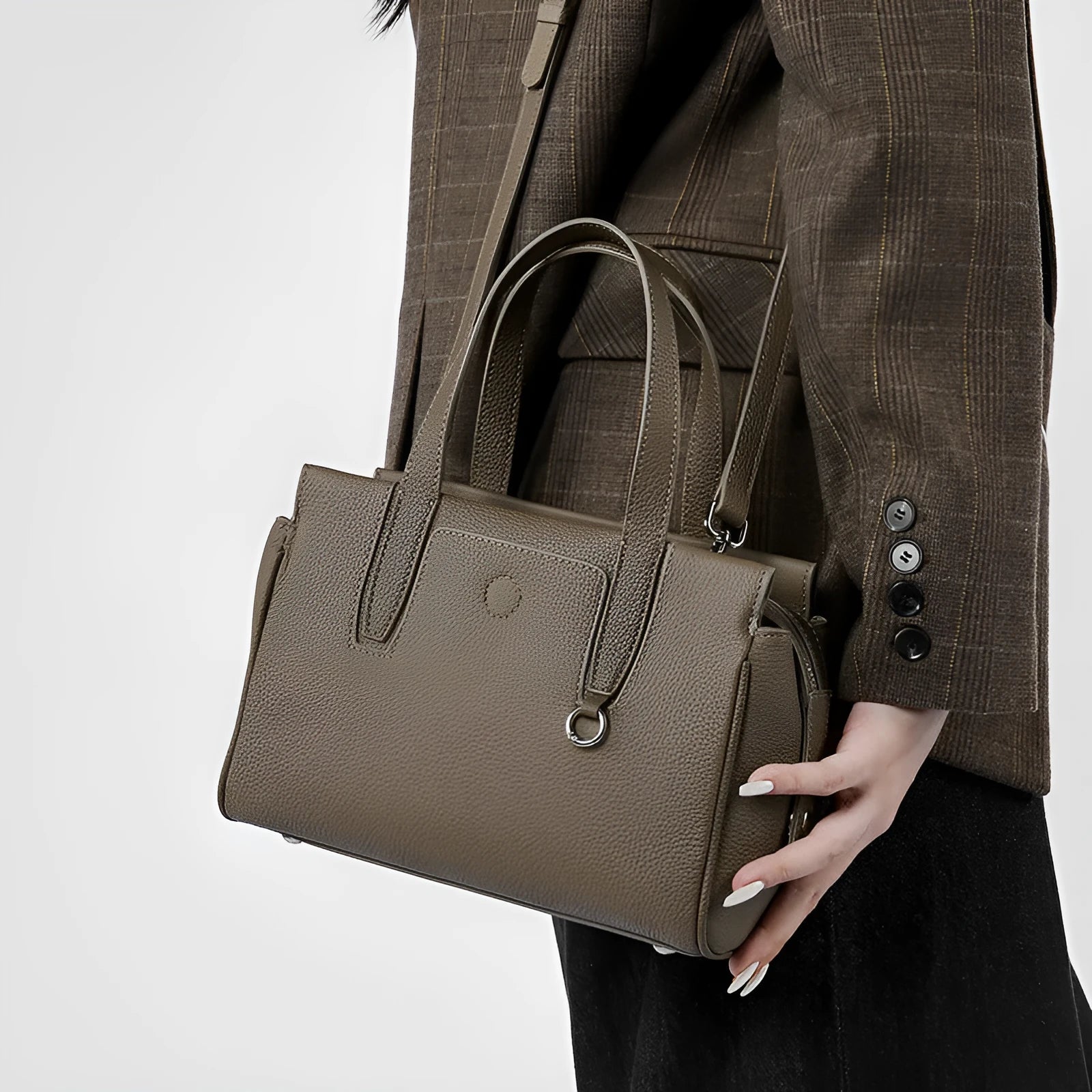 Genuine cowhide leather crossbody bag with horizontal square design in black, brown, and grey colour options