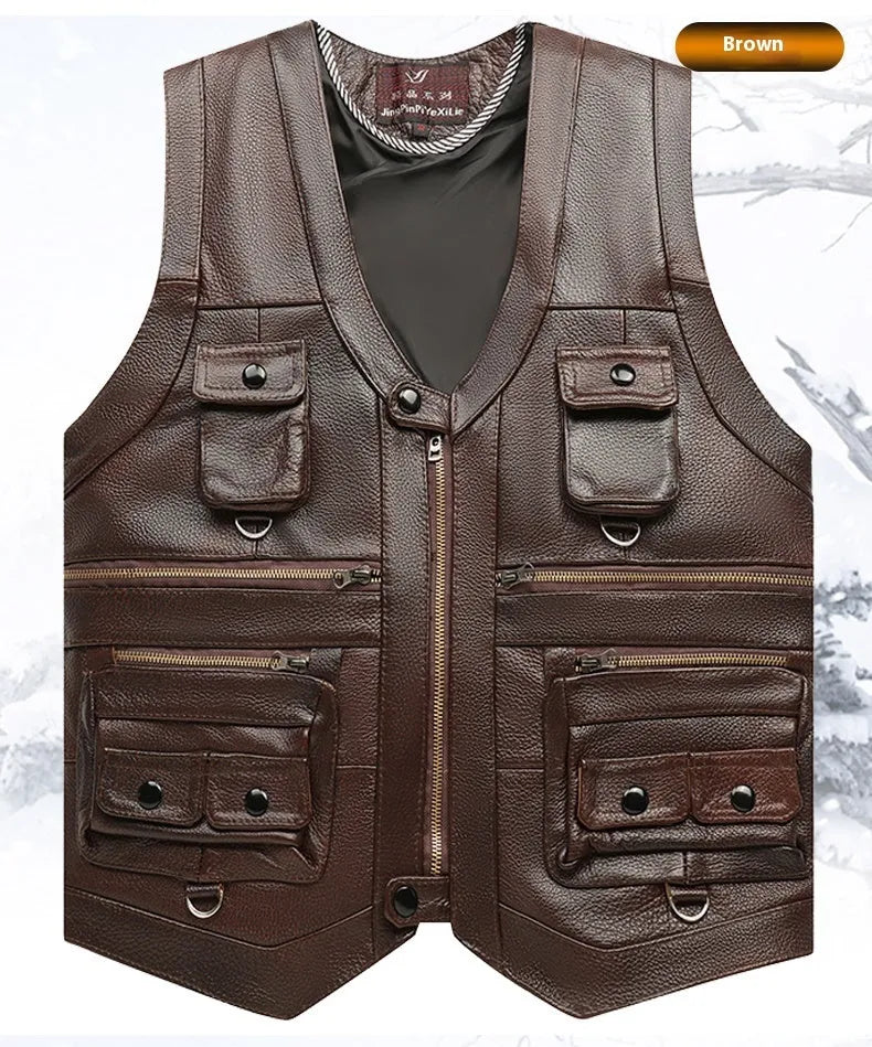 Men's first layer cowhide leather vest with V-neck and zipper front, dark brown or black, sizes 170 to 190