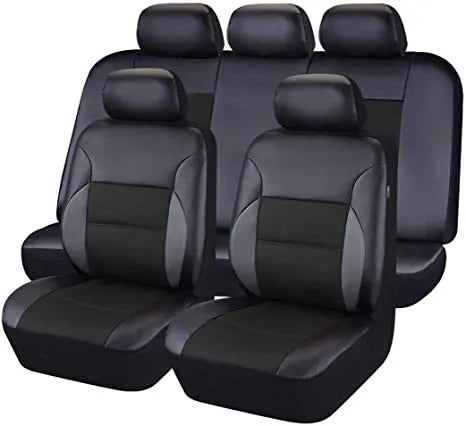 Set of black artificial leather car seat covers for front and rear seats with headrest covers and hooks.