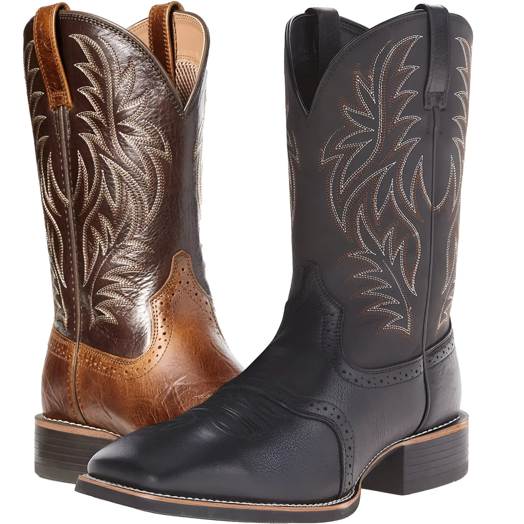 Men's black embroidered wide square-toe cowboy boots with a low heel on a neutral background.