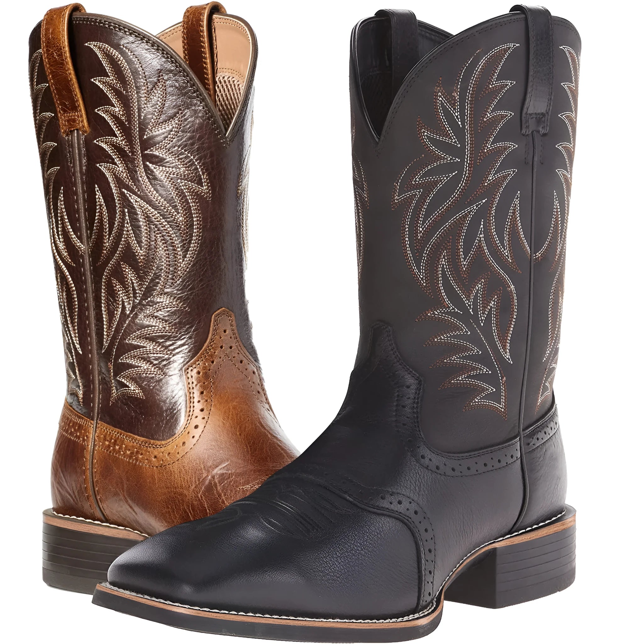 Men's black embroidered wide square-toe cowboy boots with a low heel on a neutral background.