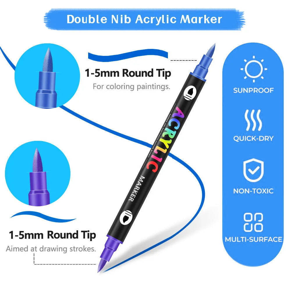 Set of double-headed acrylic marker pens showing two colour tips per pen with washable opaque ink