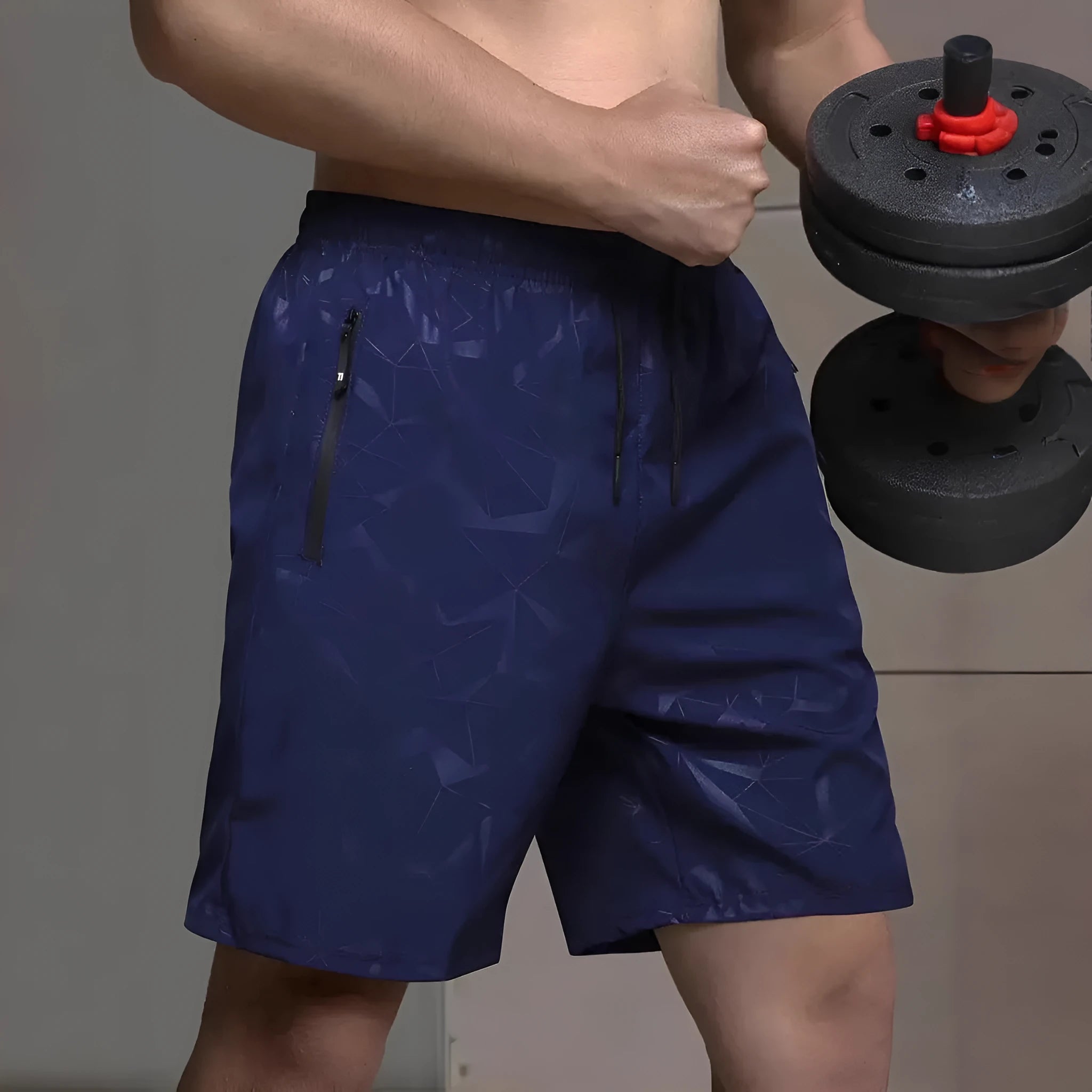 Men's loose fit sports shorts with printed patterns in polyester fabric available in black grey blue colours