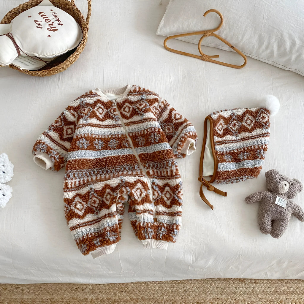Baby lambswool romper with hat, brown or blue, long sleeve one-piece winter crawling suit in 66-90cm