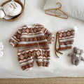 Baby lambswool romper with hat, brown or blue, long sleeve one-piece winter crawling suit in 66-90cm