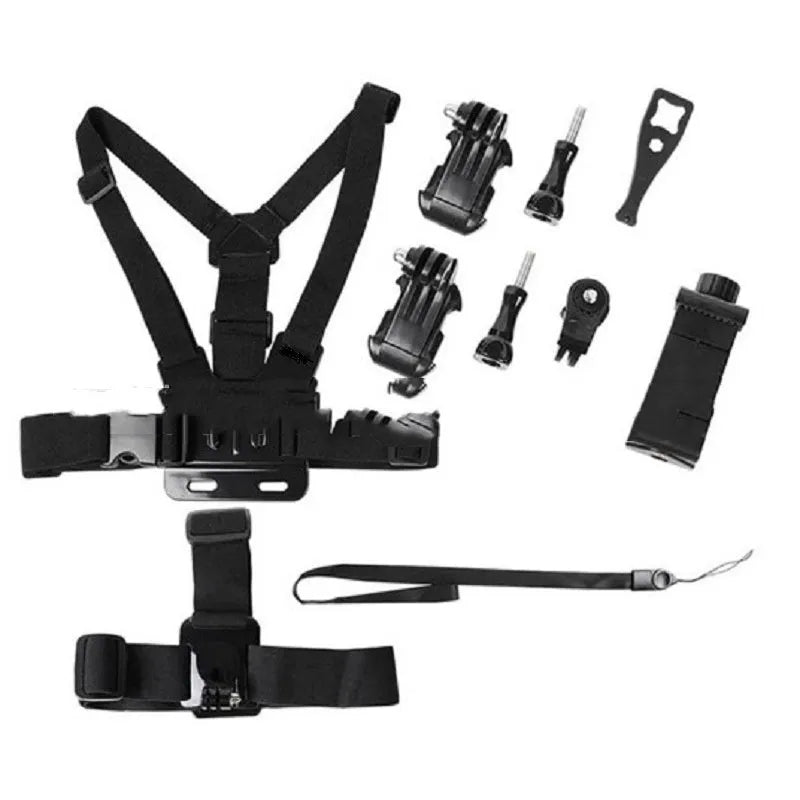 Black PC 9-in-1 chest strap and headband suit for sports cameras and smartphones, measuring 20x20x6cm