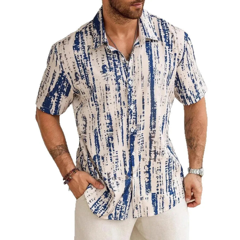 Man wearing a casual striped short sleeve shirt in lightweight anti-wrinkle polyester for summer.