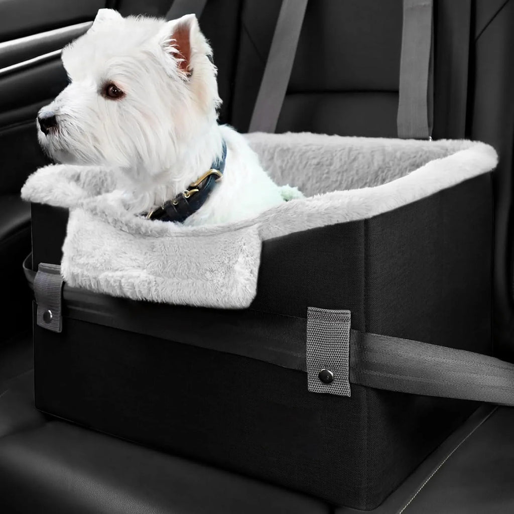 Portable small dog car seat with clip-on safety leash, 40.6x33x28cm, in orange, grey, or black