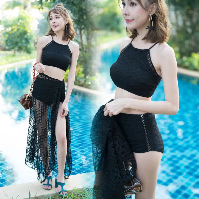 Women's three-piece bikini set with high-waist bottoms and half-sleeve top in black