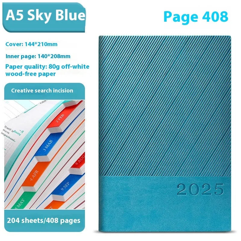 A5 striped PU leather notepad open on a desk showing thickened paper, available in eight colours.