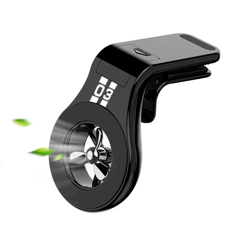 Magnetic car air vent phone holder with perfume diffuser in black, showing 360-degree rotation