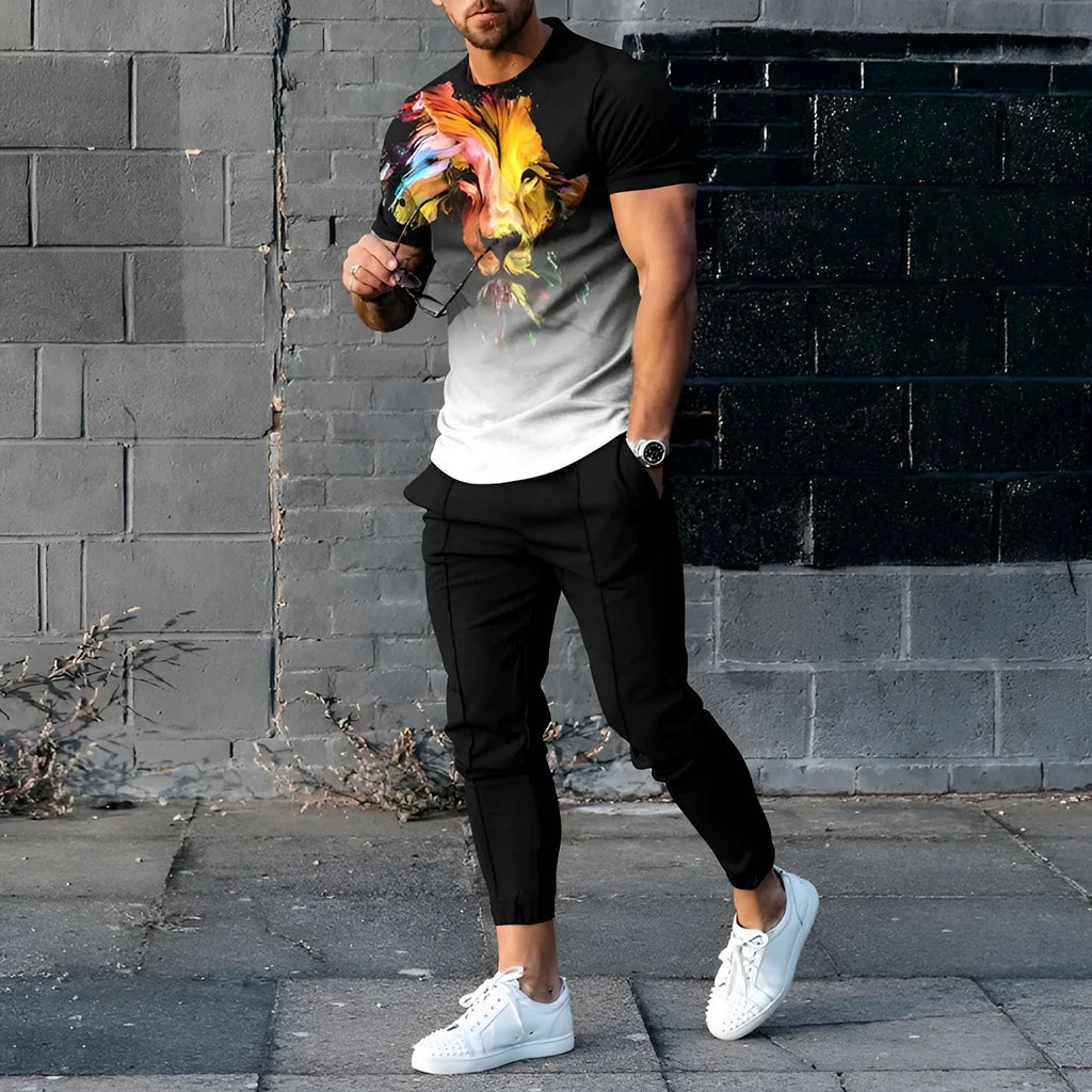 Men's grey polyester blend sport suit set with short sleeve T-shirt and matching trousers on a hanger.