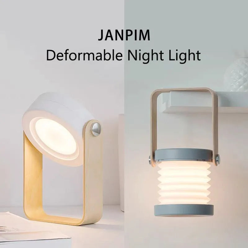 White foldable USB rechargeable LED lamp showing table lamp and lantern modes with touch dimmer.