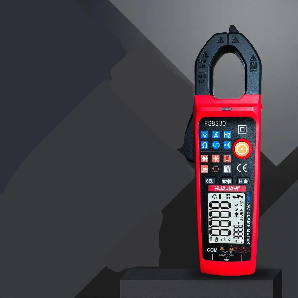 Red digital clamp meter with 40mm clamp opening, LED HD display, 174×59×27mm, 149g, for 0-600V and 0.2-200A testing