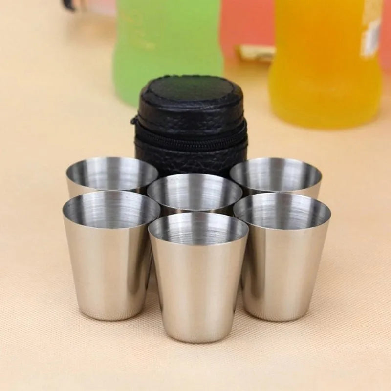 30ml stainless steel shot glass set with six cups in PU leather holder silver finish
