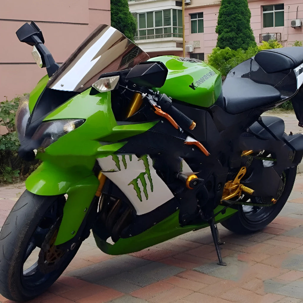 Blue and brown motorcycle windscreen for Kawasaki ZX-6R and ZX-10R sports bikes.