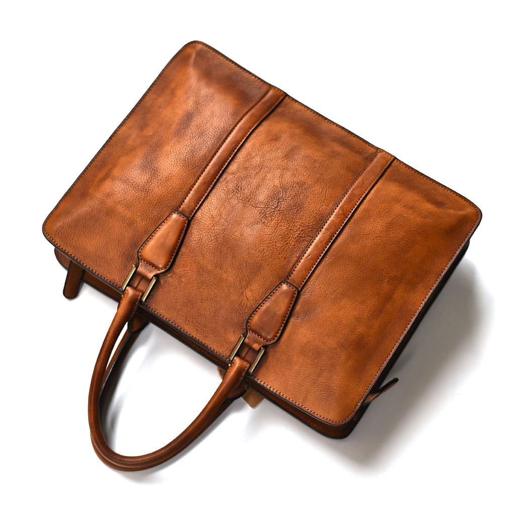 Men's 14-inch horizontal leather business handbag in khaki and black colours