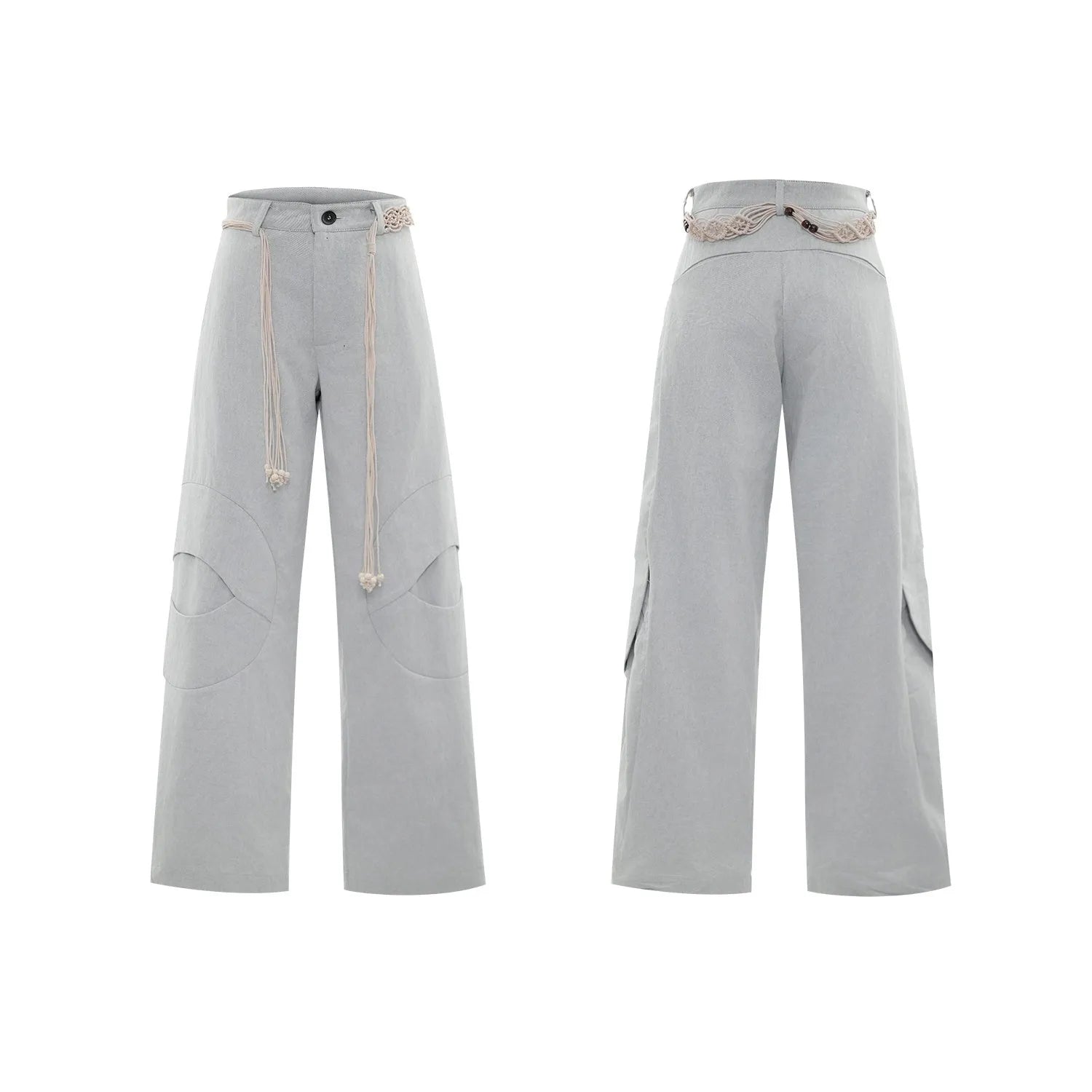 Man's dark blue straight-leg cotton trousers with belt stitching and zipper details on a loose fit.