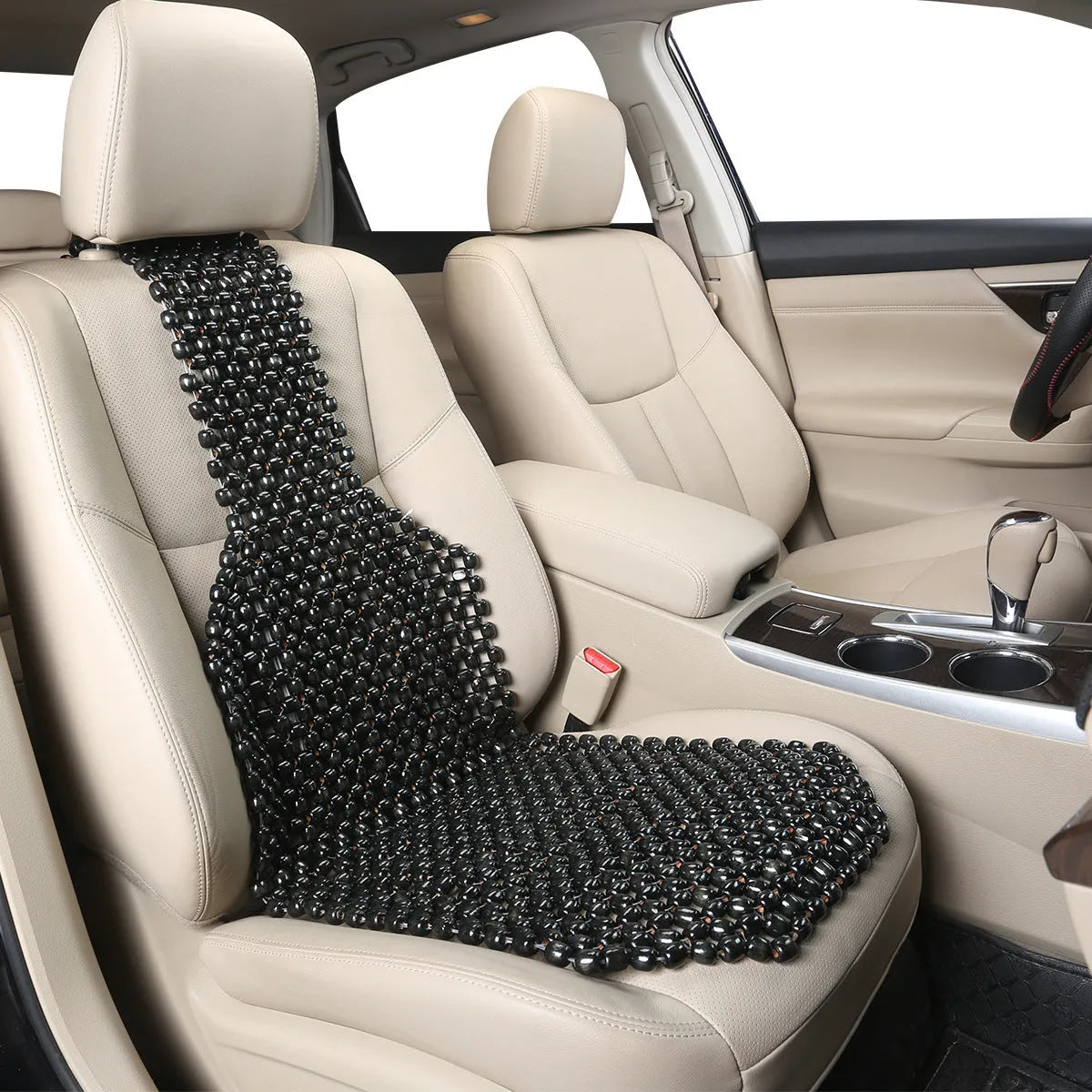 Beige and black universal ventilated car seat cushion for five-seat vehicles showing breathable mesh texture