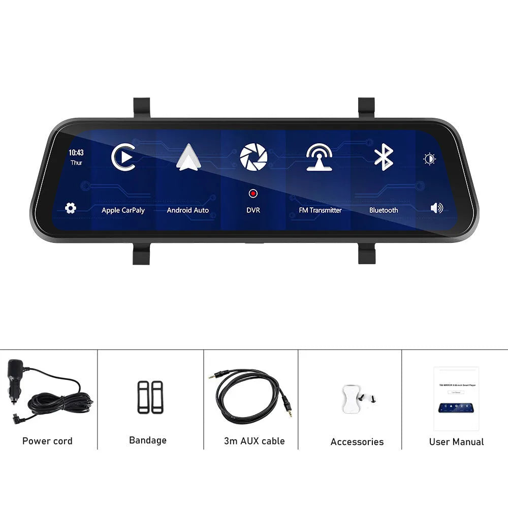 9.66-inch car mirror dash cam with touch screen displayed on a car windscreen.