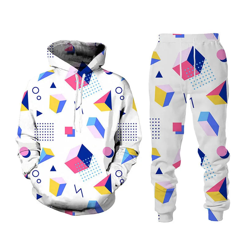 Men's 3D printed sports hoodie set with matching loose fit pants in black, front view