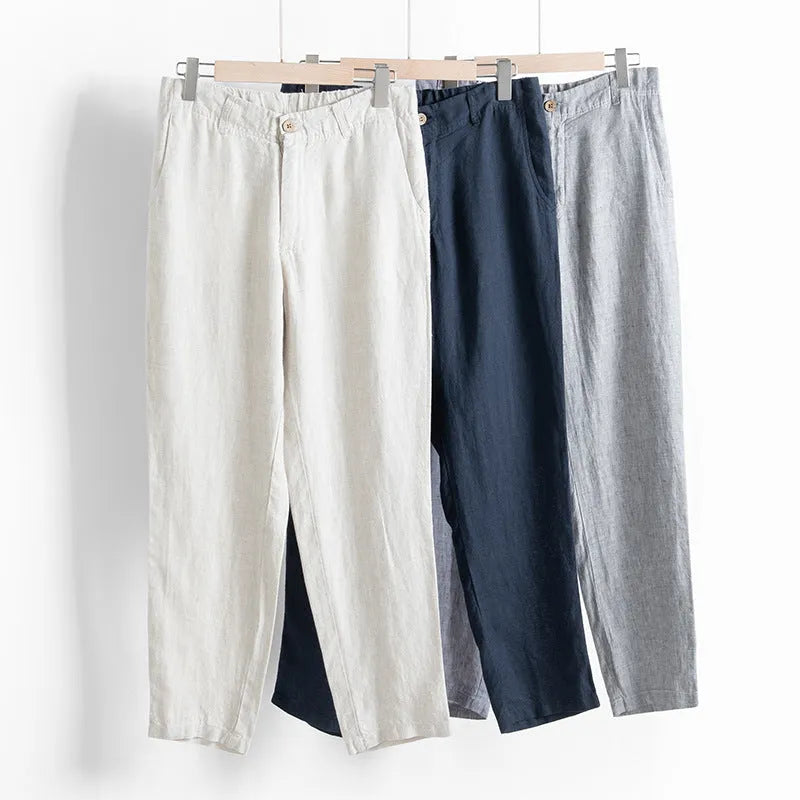 Linen men's casual pants in gray, straight leg, mid waist, for spring and summer