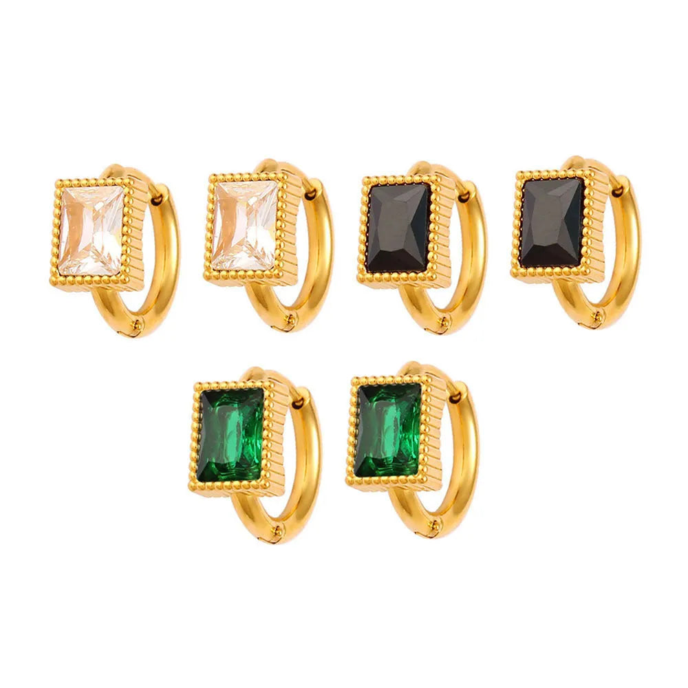 Square zircon stone geometric earrings in stainless steel, available in white, black, or green.