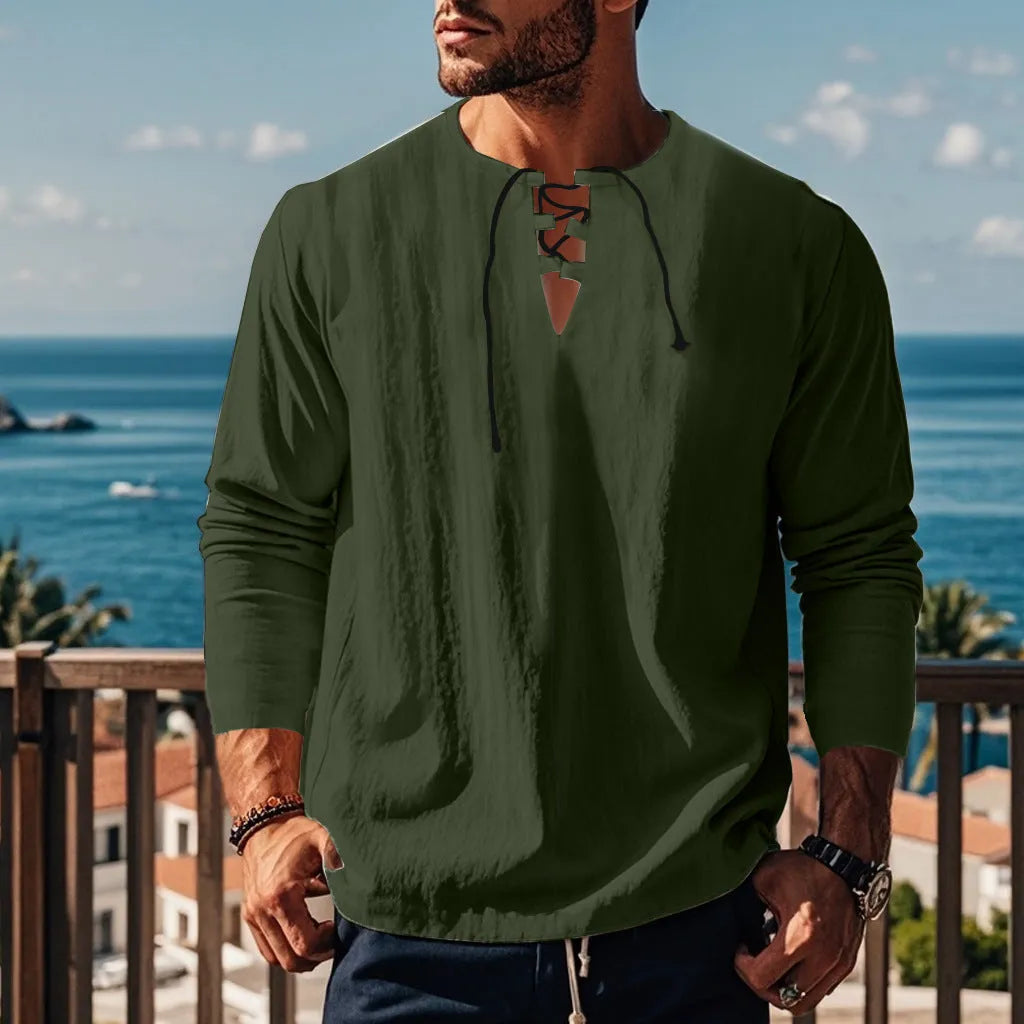 Solid colour cotton linen beach ruff shirt in a loose pullover style.