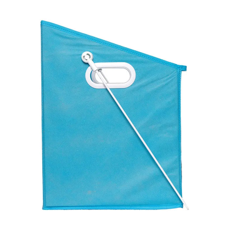 Blue folding detachable storage basket with clear front panel on a shelf