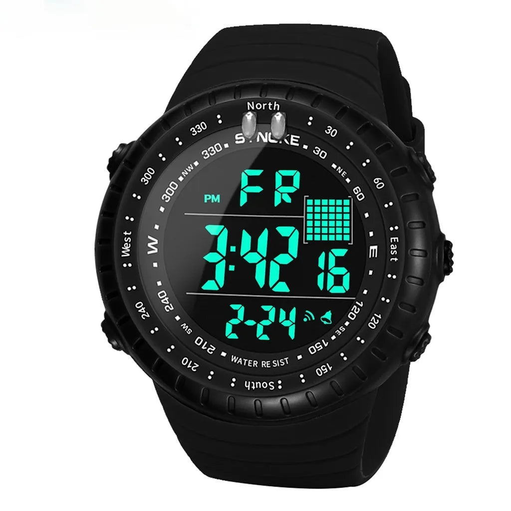 Black waterproof men's electronic watch with plastic case and PU strap showing dial detail