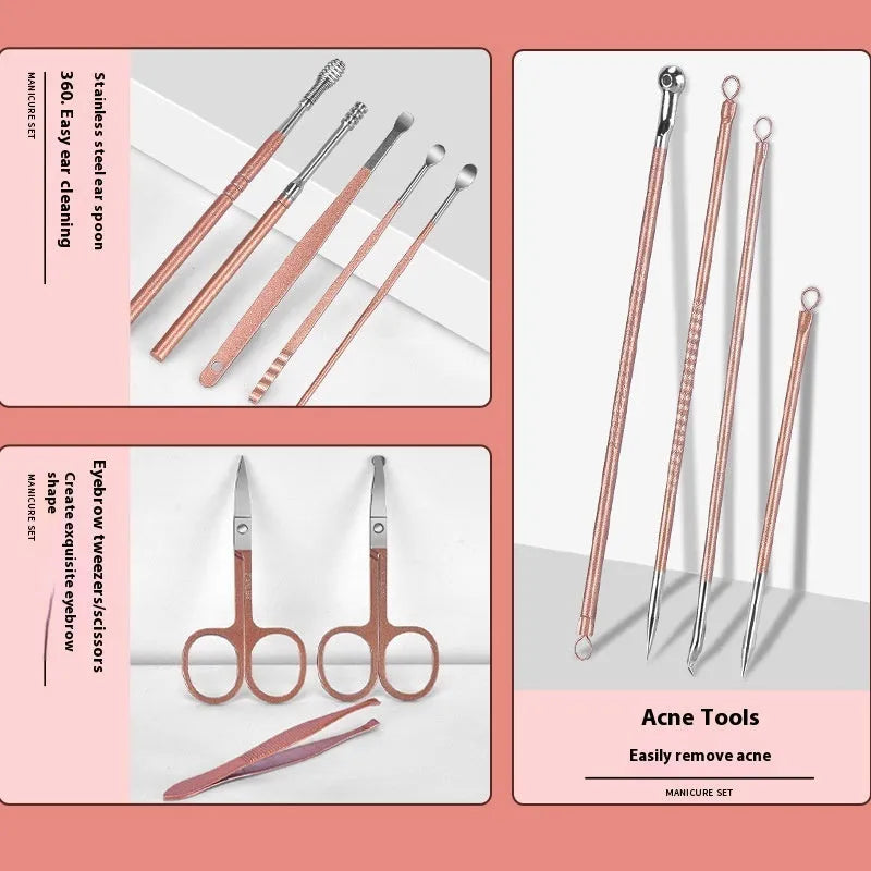 30-piece stainless steel nail tool set displayed with cuticle pusher, nail clipper and foot file