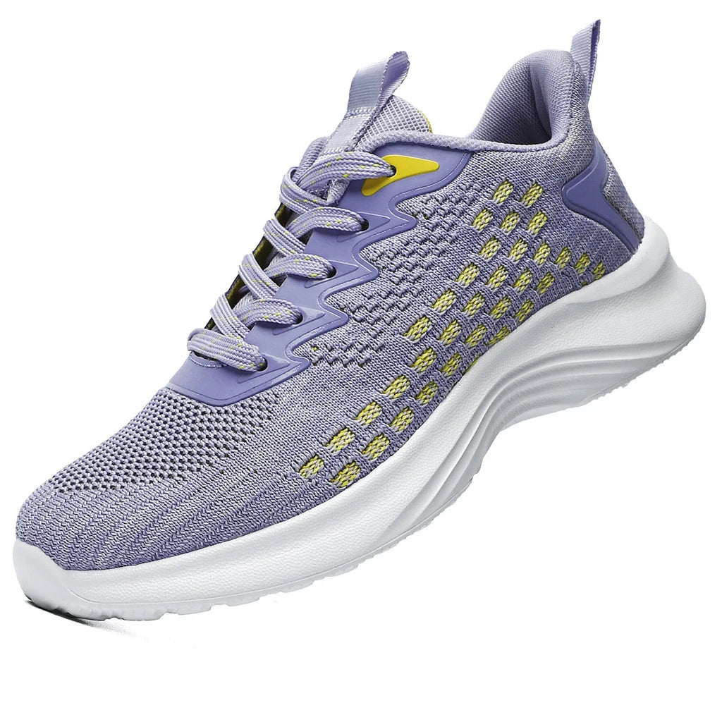 Women's lavender purple flyknit running shoes with mesh upper and striped pattern on a white background.