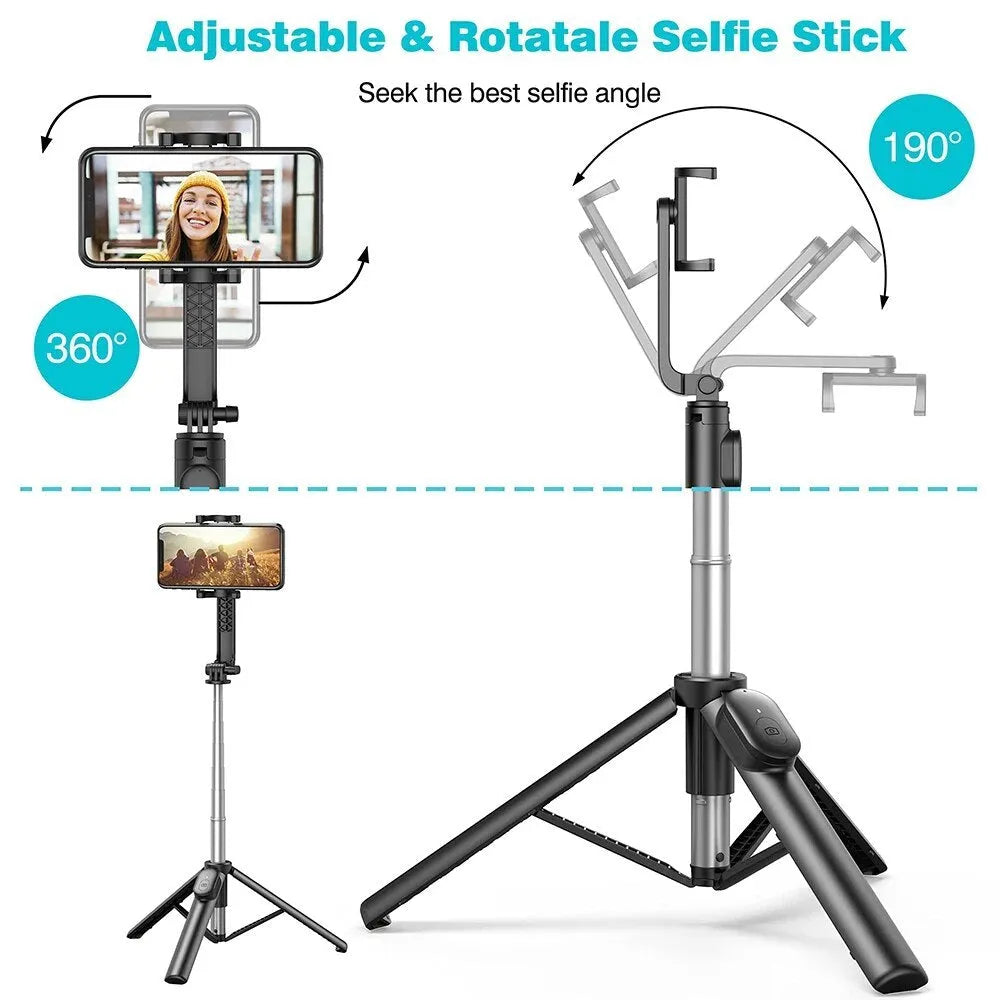 Black extendable selfie stick tripod with wireless remote and phone holder