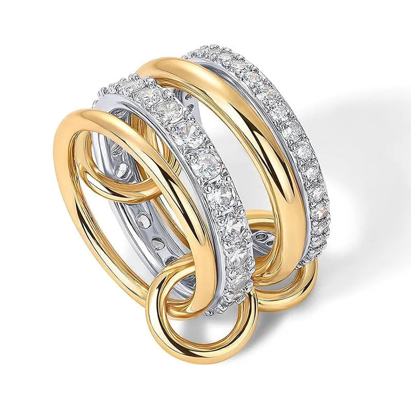Women's handmade multi-layer silver diamond ring in copper and zirconia, side view on neutral background