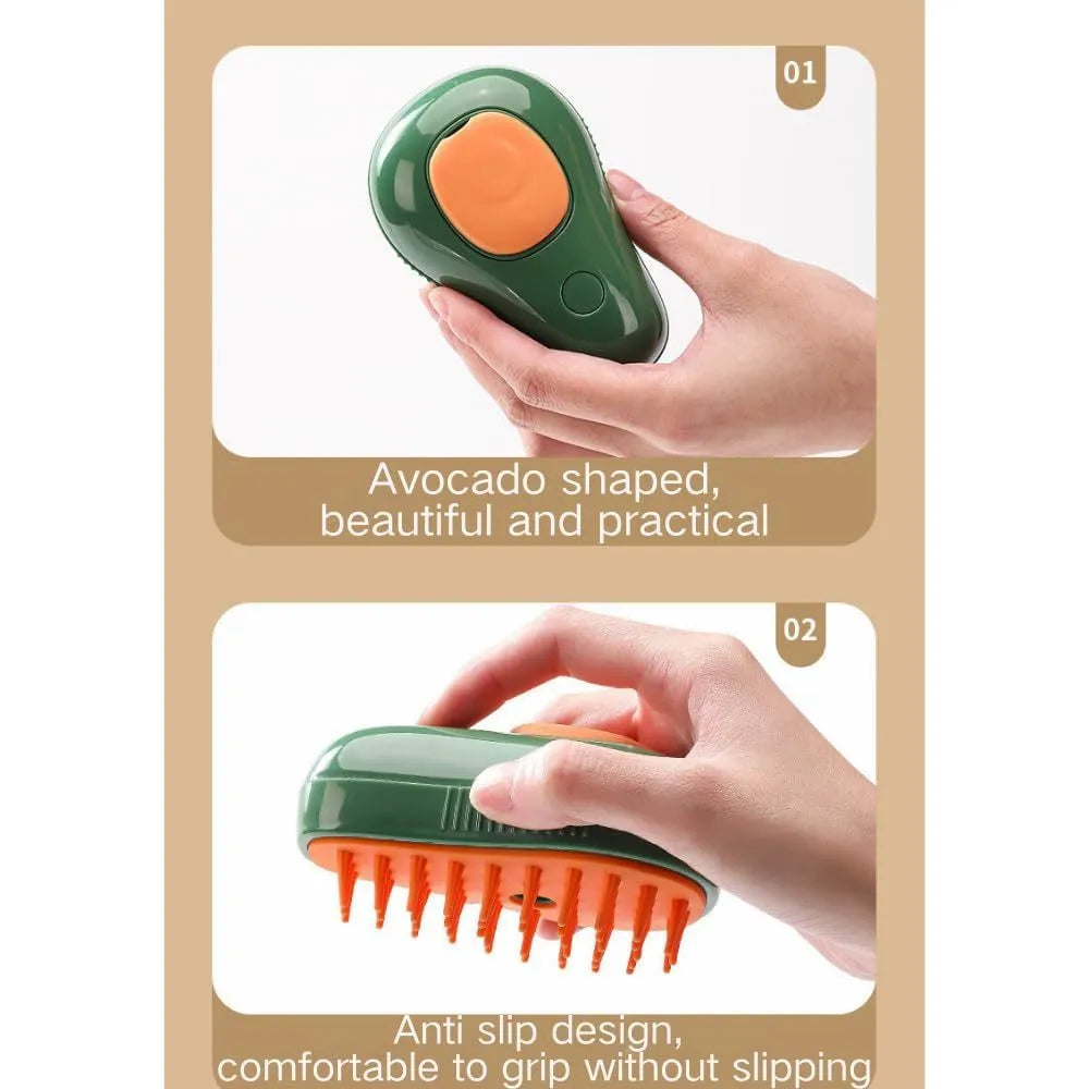 Green and white 3-in-1 cat steam brush with silicone bristles and water spray nozzle.