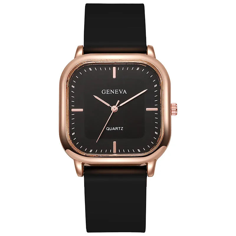 Women's rose gold square dial quartz watch with plastic strap on white background