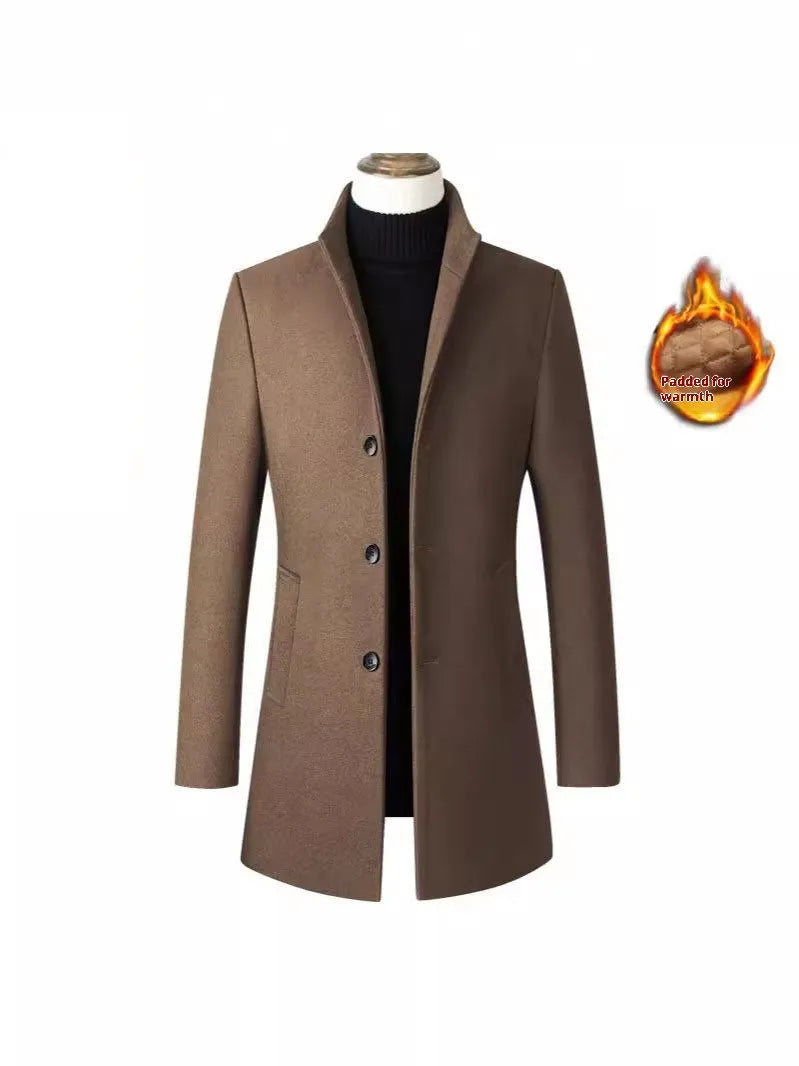 Men's single-breasted stand collar wool blend padded winter coat in solid colour, side seam pockets, S to 3XL sizes