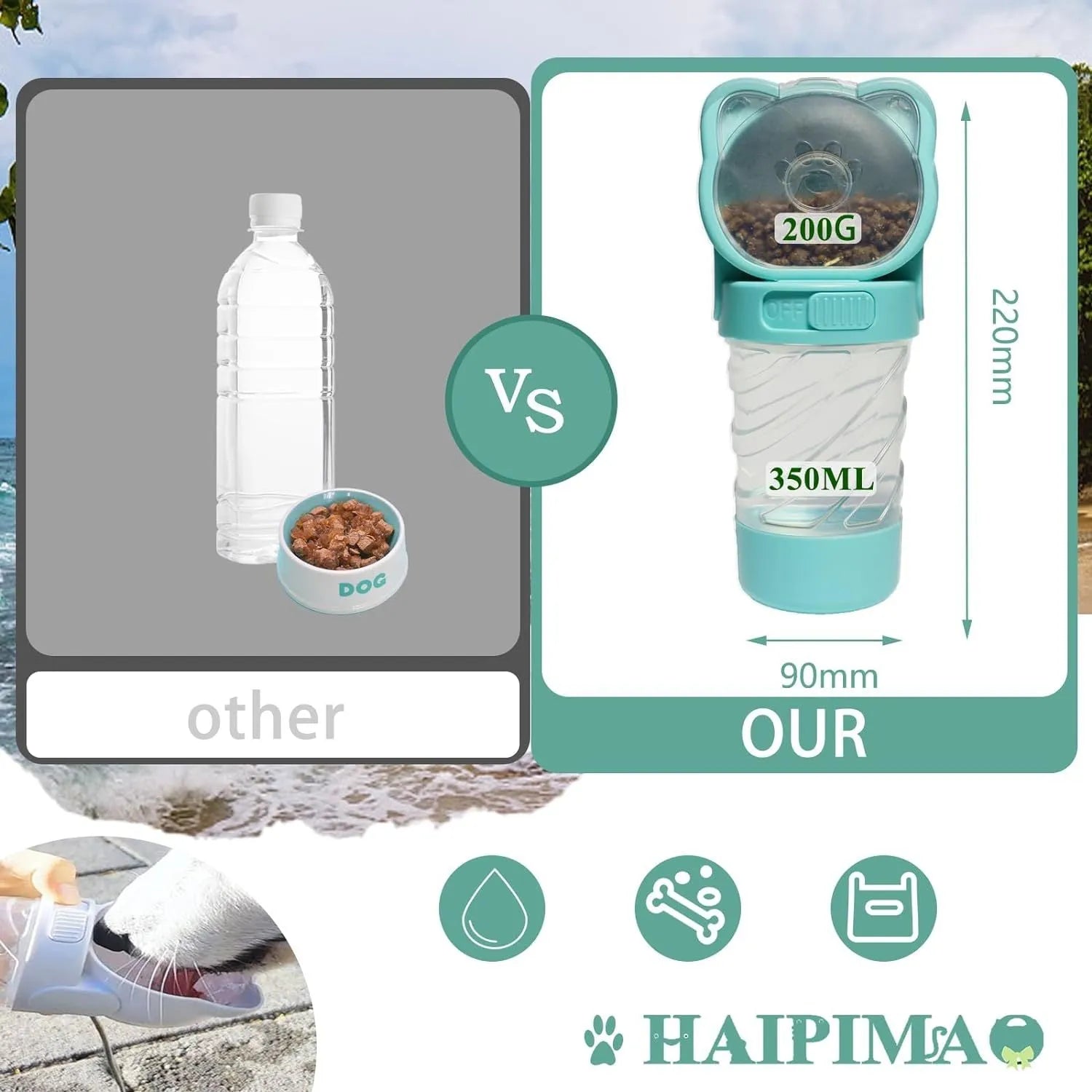 Green 3-in-1 portable pet water bottle with food container and bag dispenser, held by its strap.