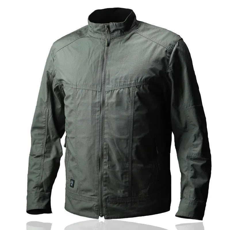 Man wearing a brown tactical camouflage polyester coat with multiple pockets.